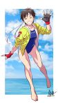  1girl ^_^ bangs barefoot beach brown_hair closed_eyes commentary_request dated fingerless_gloves full_body gloves grin highres jacket kasugano_sakura mimiyama_kiichi official_alternate_costume one-piece_swimsuit open_clothes open_jacket short_hair smile street_fighter street_fighter_v swimsuit 
