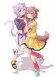  2girls :d absurdres ahoge animal_ear_fluff animal_ears bangs blue_footwear bone_hair_ornament brown_eyes brown_hair cartoon_bone cat_ears cat_girl cat_tail commentary crossed_bangs dog_ears dog_girl dog_tail full_body hair_between_eyes hair_ornament hand_on_another&#039;s_back highres holding_hands hololive hood hood_down hoodie hug inugami_korone leg_warmers long_sleeves multiple_girls nekomata_okayu pants purple_eyes purple_hair sakuta. shadow short_hair simple_background smile stomach tail two-tone_footwear virtual_youtuber white_background yellow_footwear 