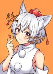  1girl animal_ears bare_shoulders detached_sleeves finger_heart hat heart inubashiri_momiji looking_at_viewer mio1030 orange_background pom_pom_(clothes) short_hair simple_background smile solo tokin_hat touhou wolf_ears 