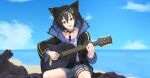  1boy absurdres animal_hood black_hair choker denim denim_shorts guitar hair_between_eyes highres holostars hood instrument kanade_izuru kuon_bb music open_mouth playing_instrument purple_eyes shorts sitting solo spiked_choker spikes thigh_strap virtual_youtuber 