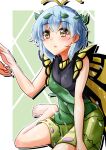  1girl antennae aqua_hair bad_anatomy bad_arm barefoot blush brown_eyes butterfly_wings dress eternity_larva fairy green_dress hair_between_eyes highres leaf leaf_on_head multicolored_clothes multicolored_dress oshiaki parted_lips short_hair short_sleeves solo_focus touhou wings 