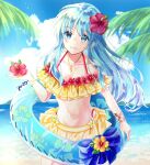  1girl aqua_hair armlet bikini blue_eyes breasts cleavage cowboy_shot eirika_(fire_emblem) fire_emblem fire_emblem:_the_sacred_stones fire_emblem_heroes flower hand_up hibiscus highleg highleg_bikini highleg_swimsuit layered_bikini looking_at_viewer medium_breasts navel off-shoulder_bikini off_shoulder official_alternate_costume red_bikini red_swimsuit signature simple_background skirt solo swimsuit two-tone_bikini wet white_background yellow_bikini yellow_swimsuit yuyu_(spika) 