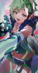  1girl absurdres blue_eyes collarbone detached_collar detached_sleeves flat_chest gloves green_gloves green_hair green_skirt headphones highres idol looking_at_viewer macross macross_delta majiro_(mazurka) miniskirt navel open_mouth reina_prowler short_hair skirt smile solo 