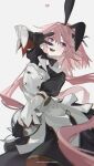  1boy :d animal_ears apron artist_name astolfo_(fate) astolfo_(saber)_(fate) bangs black_gloves black_ribbon bow bowtie copyright crossdressing fake_animal_ears fate/grand_order fate_(series) gloves hair_between_eyes hair_ribbon hand_up heart highres juliet_sleeves k00s long_hair long_sleeves maid male_focus open_mouth otoko_no_ko pink_hair puffy_sleeves purple_eyes rabbit_ears ribbon simple_background smile solo v white_apron white_background 