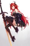  1girl absurdres arknights bare_shoulders black_footwear black_thighhighs breasts cleavage gradient gradient_background hair_between_eyes high_heels highres horns jacket long_hair looking_at_viewer mou_(piooooon) off_shoulder purple_eyes red_hair solo surtr_(arknights) sword thigh_strap thighhighs weapon 