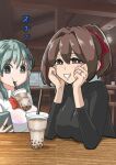  2girls aqua_hair black_sweater bow bowtie breasts brown_eyes brown_hair bubble_tea bubble_tea_challenge collared_shirt cup disposable_cup drinking_straw drinking_straw_in_mouth grey_eyes hair_ornament hair_ribbon hairclip highres indoors ise_(kancolle) jewelry kantai_collection large_breasts long_hair long_sleeves multiple_girls object_on_breast ponytail red_bow red_bowtie red_ribbon ribbon ring school_uniform shirt short_hair suzuya_(kancolle) suzuya_kai_ni_(kancolle) sweater tsun&#039;ichi_(tsun1) wedding_band white_shirt 