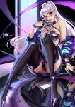  1girl absurdres blue_jacket breasts cian_yo claw_(weapon) earrings evelynn_(league_of_legends) eyeshadow garter_straps glasses high_heels highres huge_breasts jacket jewelry k/da_(league_of_legends) league_of_legends long_hair looking_at_viewer makeup off_shoulder open_clothes open_jacket purple_hair reflection sitting smile sunglasses the_baddest_evelynn thighhighs tinted_eyewear weapon web_address yellow_eyes 