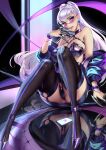  1girl absurdres alternate_costume blue_jacket boots breasts cameltoe choker cian_yo earrings evelynn_(league_of_legends) glasses highres huge_breasts jacket jewelry league_of_legends looking_at_viewer non-web_source reflection sitting smile the_baddest_evelynn tinted_eyewear 