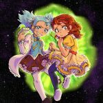  2girls animification blue_hair brown_hair dress drooling frilled_dress frilled_skirt frills genderswap genderswap_(mtf) highres holding_hands labcoat morty_smith multiple_girls official_art portal_(object) rick_and_morty rick_sanchez saliva skirt space sweatdrop thighhighs younger 
