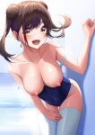  1girl :d absurdres arm_up bangs bare_arms bare_shoulders blue_swimsuit blush breasts breasts_out brown_eyes brown_hair cleavage clothes_pull collarbone covered_navel cowboy_shot double_bun hair_bun hand_on_own_thigh highres idolmaster idolmaster_shiny_colors large_breasts leaning_forward looking_at_viewer nipples open_mouth school_swimsuit sidelocks smile solo sonoda_chiyoko sora_(men0105) standing strap_slip swimsuit swimsuit_pull thigh_gap thighhighs twintails white_thighhighs 