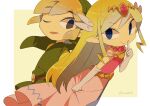  1boy 1girl artist_name back belt blonde_hair blue_eyes blush dress floating_hair gloves jewelry link long_hair looking_at_viewer multicolored_hair necklace pink_dress pointy_ears princess_zelda the_legend_of_zelda the_legend_of_zelda:_spirit_tracks the_legend_of_zelda:_the_wind_waker tiara tokuura 