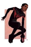  1boy black_bodysuit black_hair bodysuit dark-skinned_male dark_skin formal highres holding holding_mask male_focus marvel mask mask_removed miles_morales mro16 red_bodysuit solo spider-man spider-man_(series) spider_web_print suit superhero teenage 