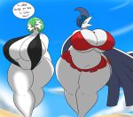  bikini blue_hair clothing crossgender duo english_text female gardevoir green_hair hair half-closed_eyes hi_res holly_(igph) huge_thighs humanoid igphhangout markings mega_evolution mega_gallade mole_(marking) mtf_crossgender narrowed_eyes nintendo oceania_(igph) open_mouth orange_eyes pok&eacute;mon pok&eacute;mon_(species) question_mark shiny_pok&eacute;mon slightly_chubby sling_bikini speech_bubble swimwear text thick_thighs video_games white_body wide_hips 