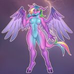  absurd_res anthro areola blue_body breasts dragon equid equine fan_character feathered_wings feathers female friendship_is_magic genitals hair hasbro hi_res hooves horn horse hybrid mammal multicolored_body multicolored_hair my_little_pony nauth nipples nude purple_body pussy red_eyes simple_background smile solo two_tone_body wings 
