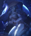  1girl artist_name blue_eyes blue_hair blue_skin blue_theme breasts chest_jewel colored_skin commentary_request cracked_skin doll_joints elden_ring extra_arms extra_faces full_moon glowing glowing_eye hat highres joints kardie kneeling large_hat long_hair looking_at_viewer moon night one_eye_closed parted_lips patreon_username ranni_the_witch solo witch witch_hat 