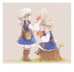 2others androgynous animal_ears avatar_(ff14) belt black_gloves blue_dress blue_eyes boots border bouquet brown_background brown_footwear brown_hair brown_headwear brown_vest closed_eyes dress final_fantasy final_fantasy_xiv flower from_side full_body furry gloves grass highres holding holding_bouquet holding_flower knee_boots lalafell leaf long_sleeves looking_at_another loporrit matching_outfit multiple_others omori_hakumai orange_flower outdoors pointy_ears pouch rabbit_ears rabbit_tail short_hair simple_background sitting sitting_on_tree_stump smile standing tail tree_stump turban vest whiskers white_border white_headwear wide_sleeves 