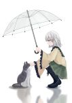  0krmi 1girl black_footwear boots cat closed_mouth from_side full_body green_eyes highres holding holding_umbrella komeiji_koishi long_sleeves shirt short_hair simple_background smile touhou transparent transparent_umbrella umbrella white_background white_hair wide_sleeves yellow_shirt 