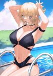  1girl absurdres arm_strap armpits arms_behind_head arms_up bare_shoulders bikini black_bikini black_choker blonde_hair blue_eyes breasts choker cleavage day hair_tie_in_mouth highres large_breasts long_hair looking_at_viewer mouth_hold multi-strapped_bikini navel novel_illustration o-ring o-ring_bikini official_art original outdoors pool solo stomach swimsuit thighs tunamayo_(dsasd751) tying_hair water wet 