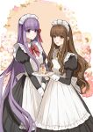  2girls absurdres apron bow bowtie brown_eyes brown_hair cake cake_slice chunzisame commentary_request dress fate/extra fate_(series) floral_background food hair_ribbon highres holding holding_plate kishinami_hakuno_(female) long_dress long_hair long_sleeves looking_at_viewer maid maid_apron maid_headdress matou_sakura matou_sakura_(fate/extra) multiple_girls plate puffy_sleeves purple_eyes purple_hair red_bow red_bowtie red_ribbon ribbon smile very_long_hair 