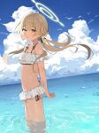  1girl absurdres akadashi1210 arms_behind_back bangs bikini bird blue_archive cloud floating_hair frilled_bikini frills from_side halo hifumi_(blue_archive) hifumi_(swimsuit)_(blue_archive) highres holding_own_arm horizon light_brown_hair long_hair looking_at_viewer low_twintails ocean open_mouth outdoors ribbon-trimmed_bikini smile solo swimsuit twintails wading_pool water wet white_bikini wind yellow_eyes 
