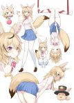  1girl :o animal_ears bangs bent_over blonde_hair blush bow bowtie collared_shirt crystal_shoujo fennec_fox fox_ears fox_girl fox_tail hair_between_eyes head heart heart-shaped_eyes highres hololive long_hair looking_at_viewer miniskirt nail_polish omaru_polka one_eye_closed open_mouth panty_straps school_uniform shirt simple_background skirt skirt_hold smile squatting standing tail thighhighs thighs tongue tongue_out upside-down virtual_youtuber waving zain_(omaru_polka) 