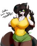  2011 4:5 abigail_(neme303) anthro breasts brown_body brown_fur brown_hair clothing english_text female fur gesture green_eyes grey_body grey_fur hair long_hair looking_at_viewer mammal neme303 nemesisprime909 procyonid raccoon signature simple_background solo text thumbs_up topwear white_background white_body white_fur yellow_clothing yellow_topwear 
