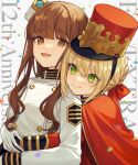  2girls blonde_hair braid brown_eyes brown_hair cape commentary_request english_text fate/extra fate_(series) green_eyes hair_ribbon hat highres hug hug_from_behind karokuchitose kishinami_hakuno_(female) long_hair multiple_girls nero_claudius_(fate) nero_claudius_(fate/extra) official_alternate_costume red_cape red_headwear red_ribbon ribbon smile white_headwear 