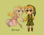  1boy 1girl artist_name back belt blonde_hair blue_eyes blush dress floating_hair gloves green_headwear jewelry link long_hair looking_at_viewer multicolored_hair necklace pink_dress princess_zelda the_legend_of_zelda the_legend_of_zelda:_spirit_tracks the_legend_of_zelda:_the_wind_waker tiara tokuura toon_link toon_zelda 