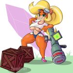  1:1 2022 absurd_res activision anthro bandicoot big_breasts blonde_hair breasts clothed clothing coco_bandicoot crash_bandicoot_(series) digital_media_(artwork) female fur green_eyes hair hi_res humanoid humanoid_pointy_ears looking_at_viewer mammal marsupial nipples simple_background smile solo thick_thighs thirdstuff video_games 