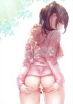  1girl ass back blush breasts brown_hair cum cum_in_ass cumdrip edogawa_roman female_pubic_hair hood hooded_jacket jacket looking_at_viewer nipples original pubic_hair solo spread_ass sweat twintails 