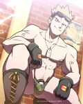 1boy absurdres alolan_boy bara black_gloves blonde_hair blue_eyes boots bulge camouflage camouflage_underwear closed_mouth eyewear_on_head fingerless_gloves gloves highres jewelry large_pectorals male_focus male_underwear muscular muscular_male necklace nipple_piercing nipples pectorals piercing pokemon pokemon_(game) pokemon_hgss short_hair smile solo spiked_hair squatting sunglasses surge_(pokemon) thong twitter_username underwear 