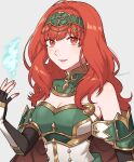  1girl alternate_costume armor armored_dress bare_shoulders black_gloves blush celica_(fire_emblem) detached_collar dress elbow_gloves fingerless_gloves fingernails fire_emblem fire_emblem_echoes:_shadows_of_valentia fire_emblem_heroes gloves green_dress green_hairband grey_background hairband highres long_hair looking_at_viewer magic official_alternate_costume orange_eyes orange_hair peach11_01 simple_background smile solo twitter_username two-tone_dress upper_body wavy_hair white_dress 