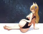  1girl absurdres animal_ear_fluff animal_ears arm_support ass back_cutout bare_arms bare_shoulders barefoot black_swimsuit blonde_hair blue_eyes breasts clothing_cutout commission competition_swimsuit fox_ears from_behind grin hair_ornament hand_on_own_thigh highres large_breasts long_hair looking_at_viewer looking_back once_a_day one-piece_swimsuit original sitting smile soles solo swimsuit toes 