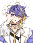  1boy :o antenna_hair aster_arcadia bangs black_choker blonde_hair choker ear_piercing earrings gradient_hair hair_between_eyes hair_ornament hand_up heterochromia jacket jewelry kiyukyuu long_sleeves looking_at_viewer male_focus medium_hair multicolored_hair necktie nijisanji nijisanji_en ok_sign ok_sign_over_eye open_mouth parted_lips piercing purple_eyes purple_hair ring simple_background solo star_(symbol) star_hair_ornament streaked_hair upper_body virtual_youtuber white_background wide_sleeves yellow_eyes yellow_necktie 