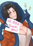  animal_ears apex_legends black_hair blue_background blue_eyes blue_gloves breasts cat_ears cleavage cosplay dbdkitty english_commentary gloves highres holding holding_paper kitty_keihara large_breasts lightning_bolt_symbol long_hair looking_at_viewer milestone_celebration mole mole_under_eye one_eye_closed original paper smile wattson_(apex_legends) wattson_(apex_legends)_(cosplay) 