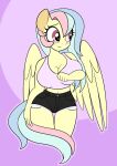  anthro big_breasts blush bottomwear breast_squish breasts cleavage clothed clothing dativyrose equid equine eyelashes female hair holding_breast huge_breasts long_hair mammal midriff multicolored_hair multicolored_tail nervous pegasus shorts simple_background smile solo squish topwear wings 