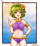  1girl absurdres bikini blue_eyes blush dinjo fire_emblem fire_emblem:_the_blazing_blade fire_emblem_heroes green_hair highres index_finger_raised looking_at_viewer nino_(fire_emblem) open_mouth purple_bikini short_hair solo swimsuit 