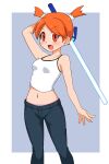  1girl absurdres azi_hune breasts denim highres jeans looking_at_viewer natsume_(saru_getchu) navel open_mouth orange_eyes orange_hair panties pants saru_getchu short_hair short_twintails simple_background smile solo twintails underwear 