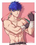  1boy abs absurdres bandages belt biceps blue_eyes blue_hair fingerless_gloves fire_emblem fire_emblem:_path_of_radiance gloves headband highres ike_(fire_emblem) looking_at_viewer male_focus muscular muscular_male pants short_hair smile solo topless_male white_pants yaosan233 
