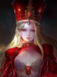  1girl bangs black_headwear blonde_hair breasts character_request commentary destiny_child dress fur_trim gem gold_trim hat highres long_sleeves looking_at_viewer medium_breasts notprimula parted_bangs parted_lips red_dress red_eyes red_gemstone signature solo teeth upper_body 