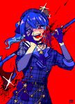 1girl :d artist_name axe beret blood blood_on_face blood_splatter blue_eyes blue_hair blush choker crown dress gesugao gloves grey_headwear hair_ribbon hand_on_own_face hat hololive hoshimachi_suisei medium_hair omocat open_mouth plaid plaid_dress plaid_headwear red_background ribbon side_ponytail simple_background smile solo star-shaped_pupils star_(symbol) symbol-shaped_pupils upper_body virtual_youtuber 