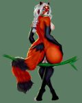  absurd_res ailurid bamboo bamboo_stick bamboo_tree black_nose blue_body blue_eyes blue_fur braided_hair breasts female fluffy fluffy_tail fur genitals hair hi_res long_tail mammal moirah nipples plant pussy red_body red_fur red_panda solo tree white_body white_hair 