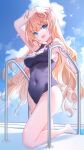  1girl :d arm_up bare_arms bare_shoulders barfleur_(warship_girls_r) bison_cangshu blonde_hair blue_eyes blue_swimsuit breasts covered_navel day highres large_breasts long_hair looking_at_viewer name_tag one-piece_swimsuit open_mouth outdoors pool_ladder revision smile solo swimsuit thighs v-shaped_eyebrows very_long_hair warship_girls_r 