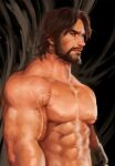  1boy abs bara beard biceps brown_hair cassidy_(overwatch) dopey_(dopq) facial_hair feet_out_of_frame highres large_pectorals looking_to_the_side male_focus manly mature_male messy_hair muscular muscular_male nipples overwatch pectorals solo thick_arms thick_eyebrows topless_male veins veiny_arms 