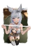  1girl absurdres animal_ears areola_slip bangs bare_shoulders black_thighhighs blush breasts cleavage clothing_cutout commission covered_navel dress from_above granblue_fantasy grey_eyes grey_hair hands_up highres kneeling korwa long_hair looking_at_viewer medium_breasts mezurashiiaji skeb_commission smile solo strapless strapless_dress tape_measure teeth thighhighs white_dress white_thighhighs 