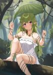  1girl absurdres barefoot branch breasts cleavage dress elf entangled forest frilled_dress frills giant_leaf green_hair highres holding holding_leaf in_tree jewelry leaf long_hair messy_hair nature necklace original plant pointy_ears purple_eyes short_dress sitting sitting_in_tree skindentation small_breasts solo spaghetti_strap tree very_long_hair vines wanimaru white_dress 