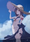  1girl beach bikini bird blue_bikini blue_sarong breasts cleavage cloud cloudy_sky day hair_between_eyes hair_flaps hair_ornament hat highres kantai_collection looking_at_viewer low_twintails medium_breasts navel neve ocean official_alternate_costume open_mouth purple_hair red_eyes sarong seagull signature sky solo sun_hat swimsuit taigei_(kancolle) tattoo twintails water whale whale_hair_ornament white_bikini 