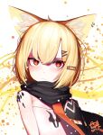  1girl abstract_background absurdres animal_ears arknights bare_shoulders beudelb black_cape blonde_hair cape fang fang_out fox_ears fox_girl hair_between_eyes hair_ornament hairclip highres looking_at_viewer orange_eyes oripathy_lesion_(arknights) shirt short_hair simple_background skin_fang solo strapless tube_top upper_body vermeil_(arknights) white_background white_shirt 