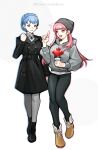  2girls absurdres bangs beanie blue_hair blunt_bangs brown_eyes commentary cup disposable_cup english_commentary fire_emblem fire_emblem:_three_houses full_body hair_bun hat highres hilda_valentine_goneril holding holding_cup hood hood_down hoodie leaf_print long_hair long_sleeves maple_leaf_print marianne_von_edmund multiple_girls open_mouth pink_eyes pink_hair silvercandy_gum simple_background single_hair_bun standing teeth tongue twitter_username watermark white_background 