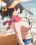  1girl :d animal_ears beach bikini blue_archive bottle breasts brown_eyes brown_hair day denim fang flower fox_ears fox_girl fox_tail hair_flower hair_ornament hat hat_flower highleg highleg_bikini highres holding horizon izuna_(blue_archive) izuna_(swimsuit)_(blue_archive) looking_at_viewer medium_breasts ocean open_mouth outdoors poyi_(max30788) ramune sand scarf short_hair short_shorts shorts sideboob smile solo string_bikini sunflower swimsuit tail water waves yellow_eyes 